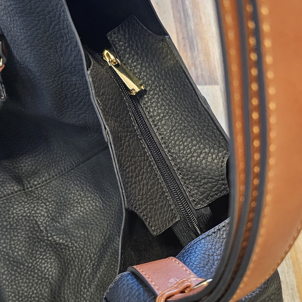 New Black Zip Tote Bag with Brown Handle and a Matching Coin Purse. - Picture 6 of 6